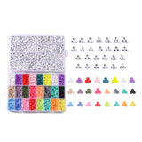 two plastic bead storage boxes with 26 compartments each, one filled with colorful disc beads and the other filled white with black letter beads with samples of loose beads to the right of each box all over white background.