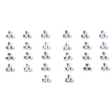 3 loose examples of all twenty-six white with black letter beads over white background.