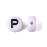 zoomed in close up of front and side of one white with black letter "P" bead example. 
