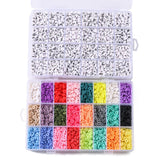 two plastic bead storage boxes with 26 compartments each, one filled with colorful disc beads and the other filled white with black letter beads over white background.
