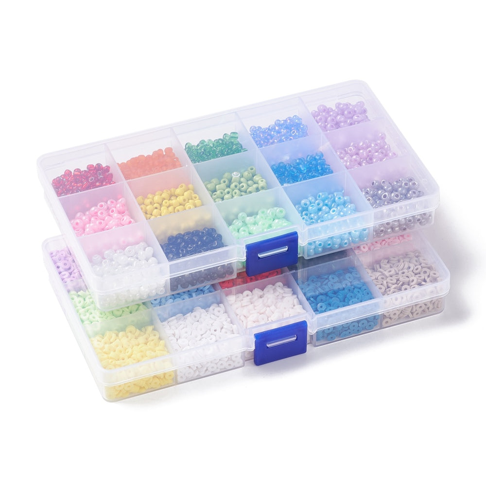 two closed plastic storage boxes of colorful beads stacked one over the other on white surface. 