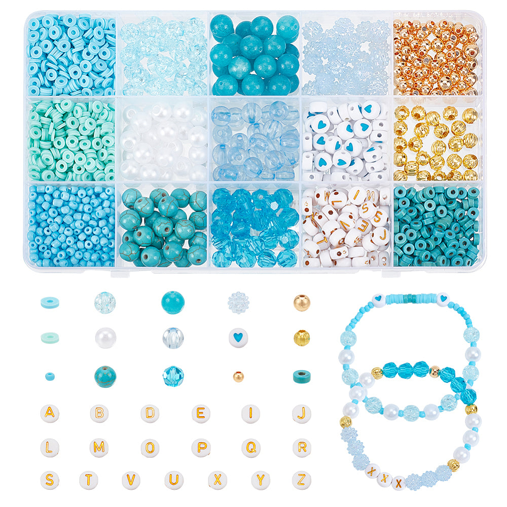 fifteen compartment plastic blue bead box with variety of blue and gold beads and some displayed loose and on a bracelet below over white background. 