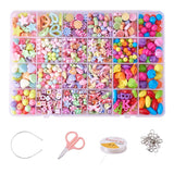 twenty-four compartment bead box containing a vibrant assortment of candy like beads along with the some pendant hooks scissors stretch cord and headbands over white background. 
