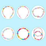 light blue background with six white circles each containing different examples of what can be made with the candy shop bead box kit. 