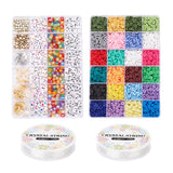 two twenty-four compartment bead storage cases displaying all of the terracotta, acrylic, metal and alphabet beads along with the two crystal string spools in front over white background. 