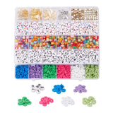 thirty of the fifty compartments displaying a variety of beads over white background. 