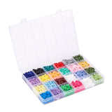 clear plastic bead storage bin containing terracotta bead discs in a variety of colors over white background. 