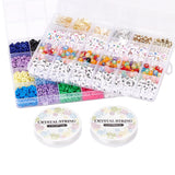 two twenty-four compartment bead storage cases stacked and full of terracotta, acrylic, metal and alphabet beads and two crystal string spools in front over white background. 