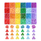 twenty-four compartment plastic storage bead box filled with four different styles of the six different rainbow colors of beads and below some loose samples of each variety of bead all over white background.