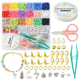 diagram depicting all the contents inside twenty six compartment plastic bead storage bin with eighteen different color Heishi beads as well as an array of colorful letters and symbols plus small bags of golden charms a spool of cord and a pair of scissors and tweezers and some examples of those displayed outside of the box over white background. 