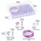 diagram depicting sizes for the box each iridescent light purple heart star or round bead and the cord spool over white background. 