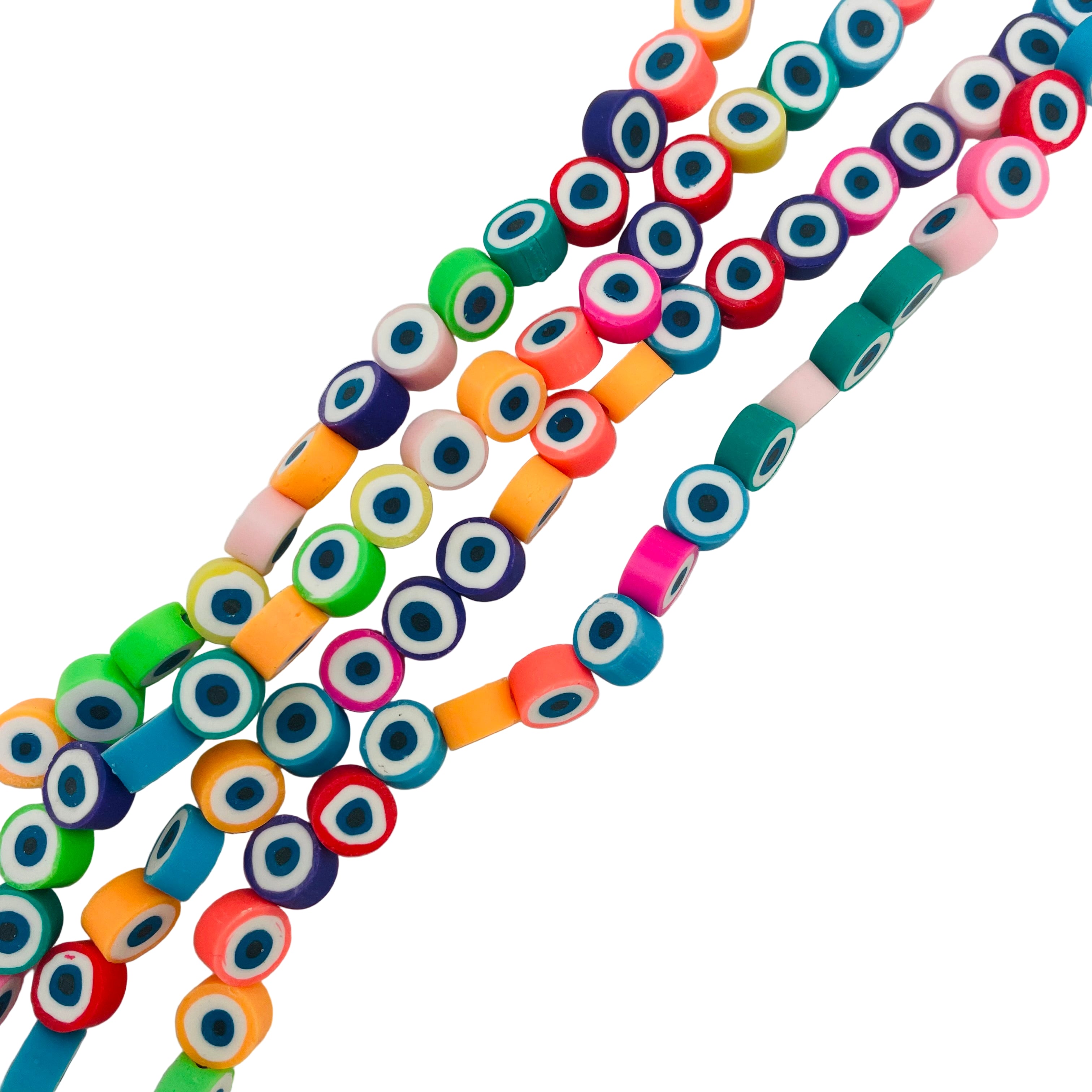 four multicolor polymer clay round eye bead strands over white background. 