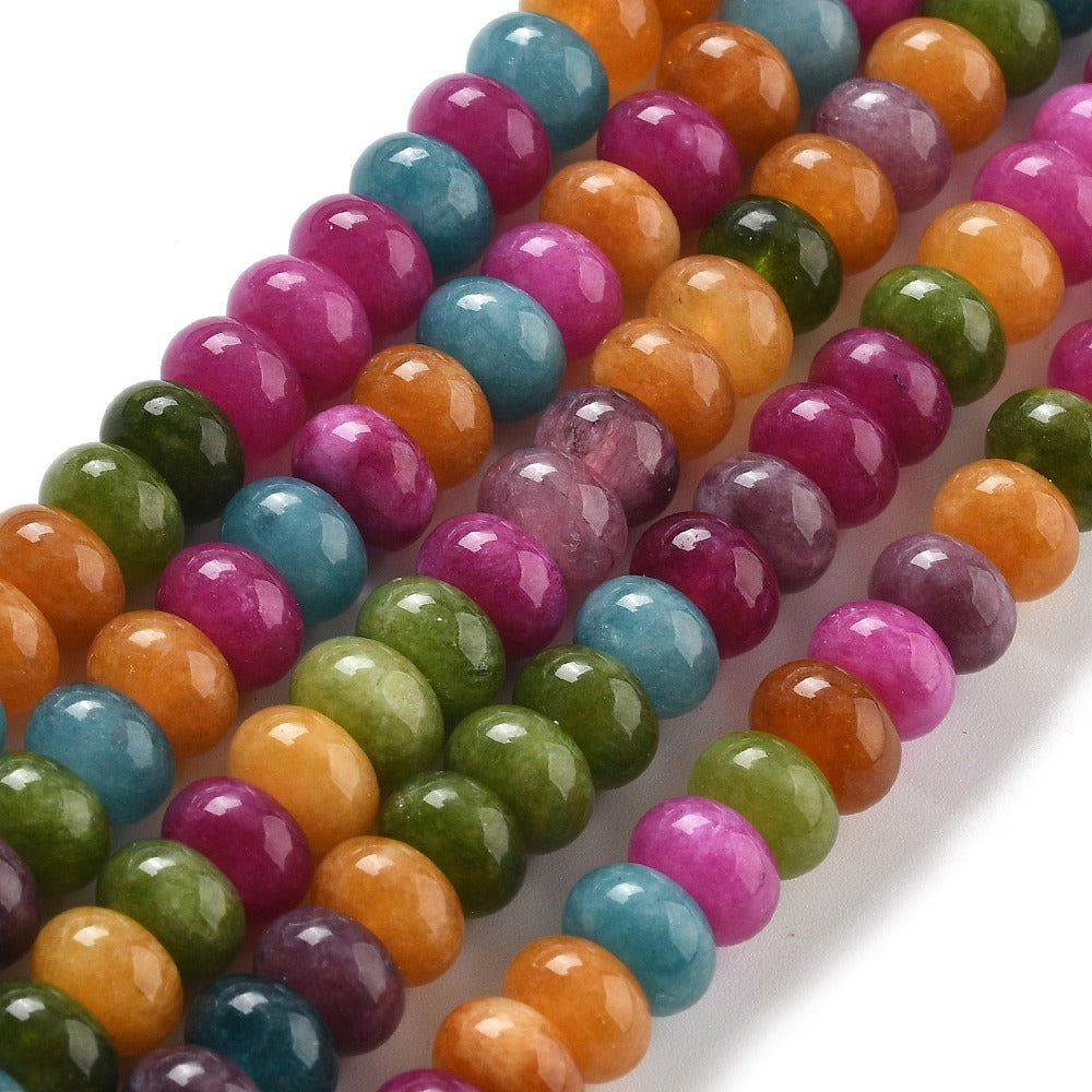 8mm mixed jewel tone smooth rondelle bead strands over white background. 