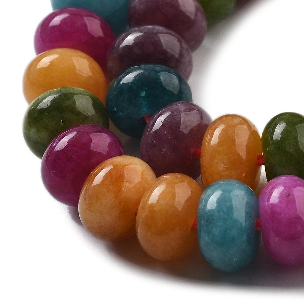 close-up 8mm mixed jewel tone smooth rondelle bead strands over white background. 