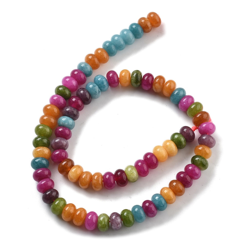 8mm mixed jewel tone smooth rondelle bead strand in swirl design over white background. 