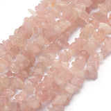 multiple light pink rose quartz chip strands over white background. 