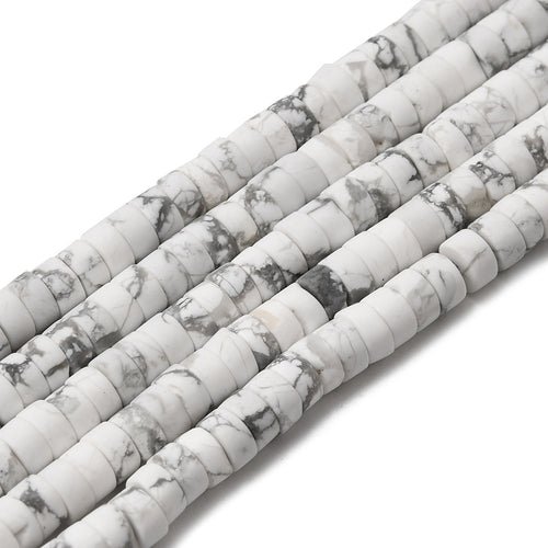 five natural Howlite Heishi bead strands over white surface. 