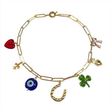 Image shows a gold paperclip chain necklace with multi-color charms including a red heart, gold fleur de lis, blue evil eye, gold horseshoe, green clover, gold heart and pink bow on a white background