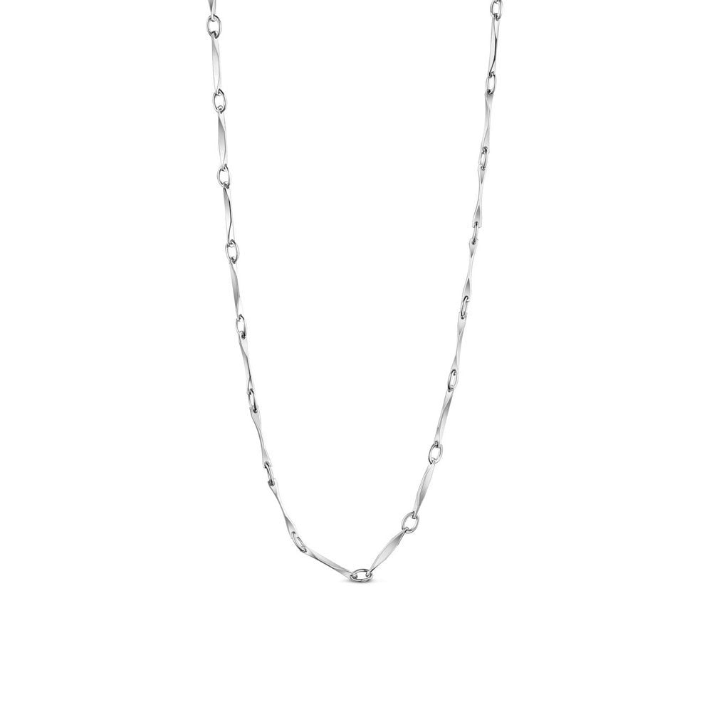 silver pinched bar link chain necklace over white background. 