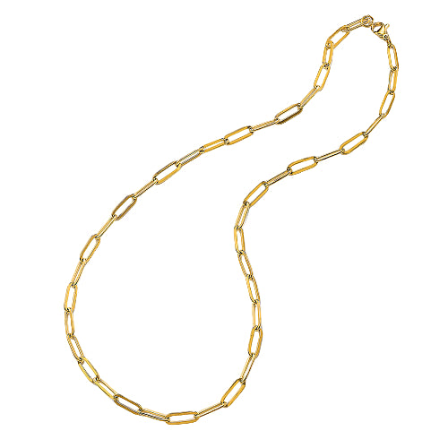 golden flat paperclip chain necklace with lobster claw clasp over white background. 