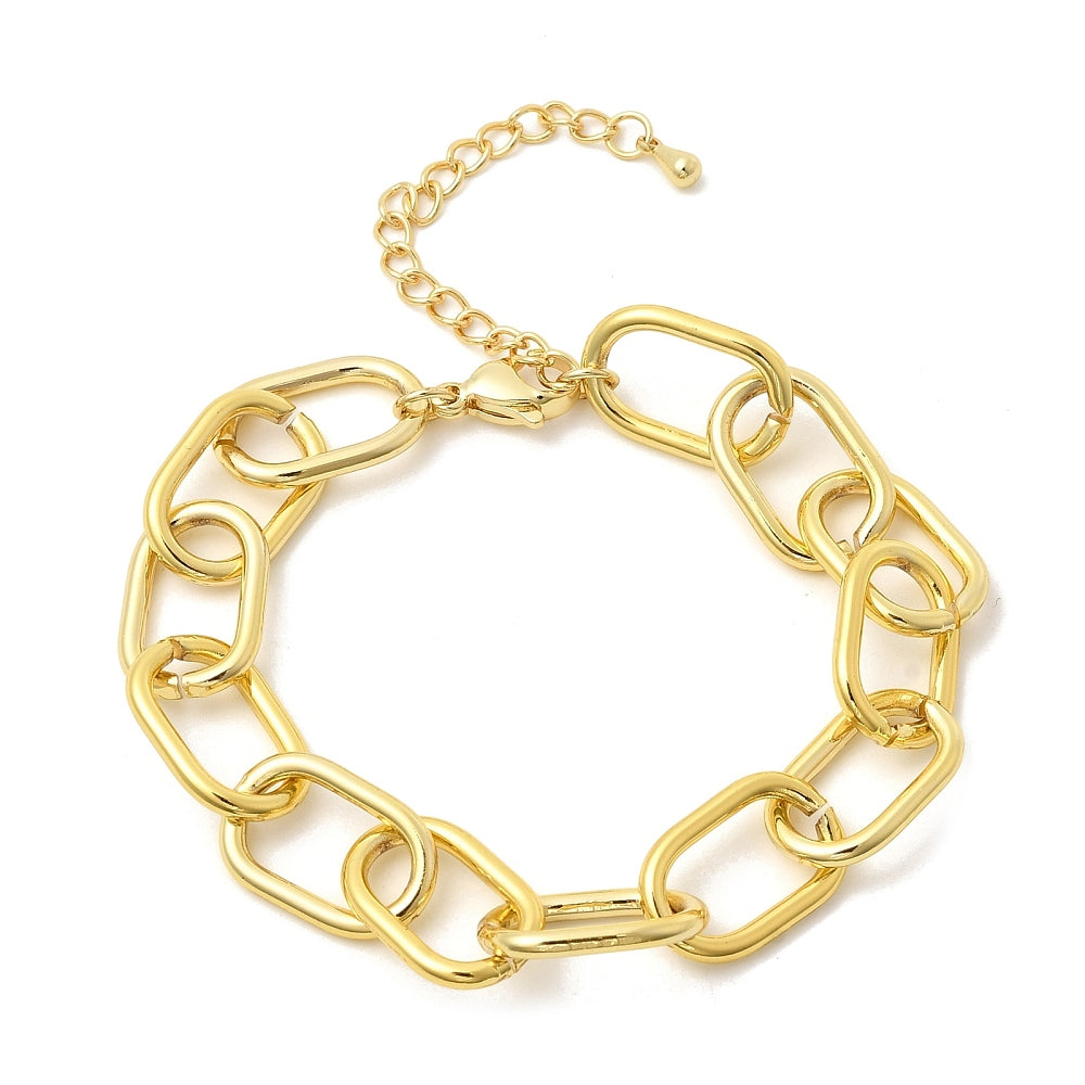 golden large oval cable link chain bracelet with lobster claw clasp and extender chain over white background