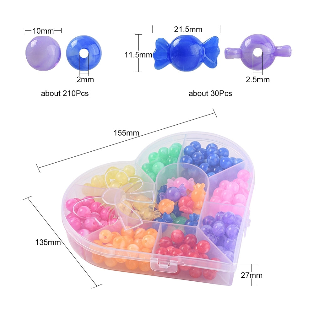 diagram of heart shaped bead box containing multi-colored and shaped beads depicting their size measurements as well as the measurements of the box over white background. 