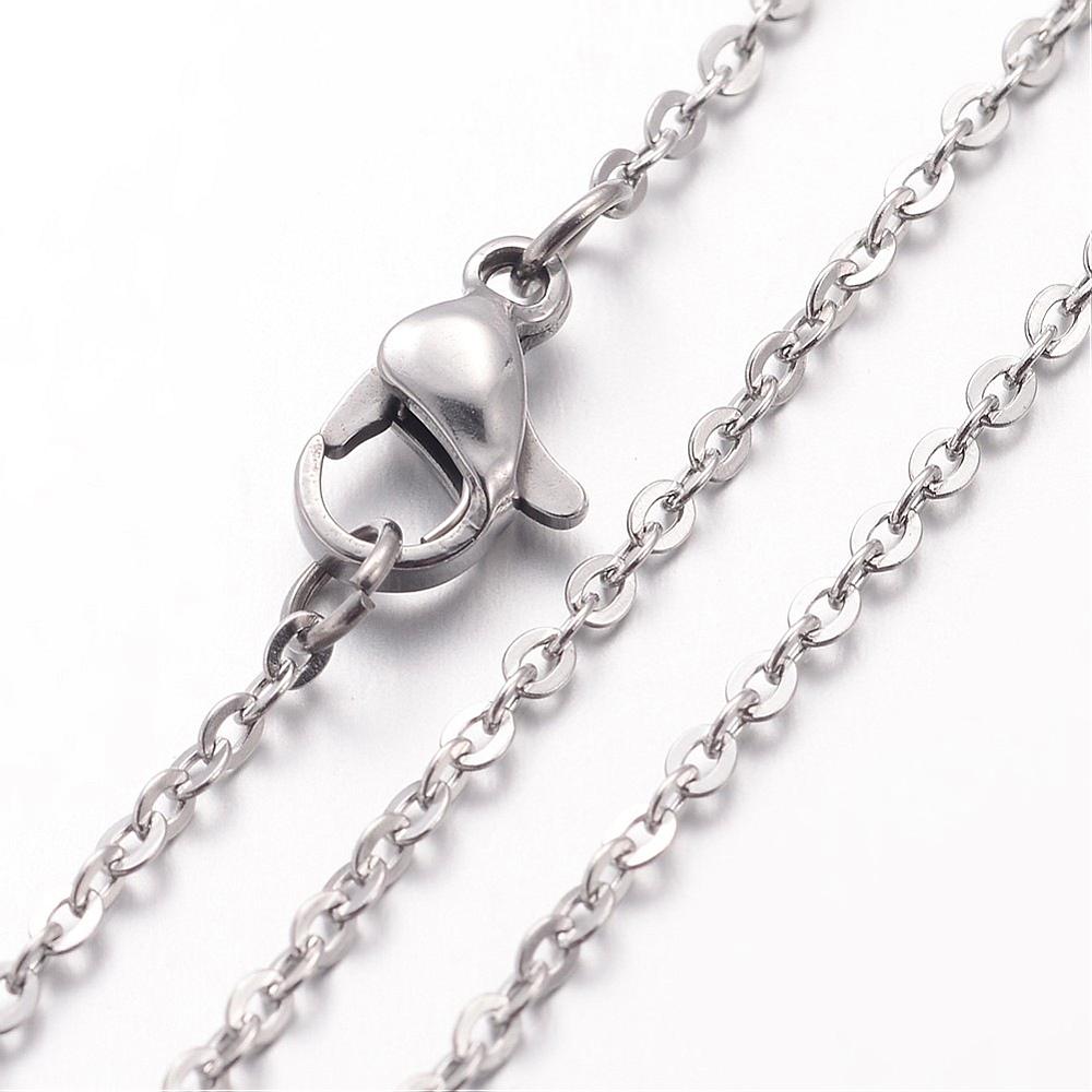 zoomed in sections of silver tone flat cable chain necklace with lobster claw clasp over white background. 