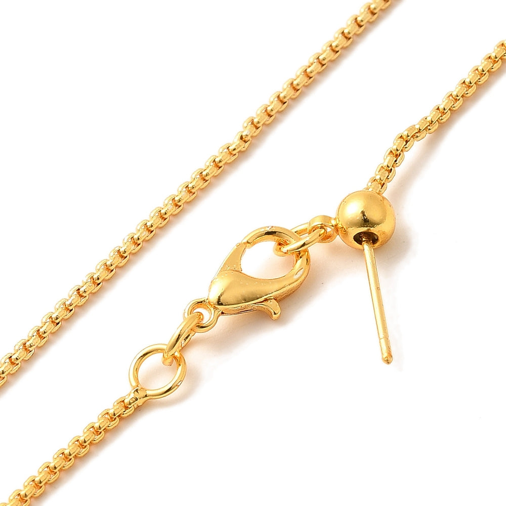 zoomed in sections of silver tone box chain adjustable slider necklace with lobster claw clasp, slider bead and stopper over white background. 