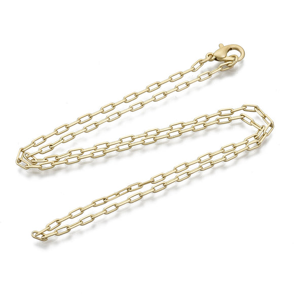 matte finished, golden small paperclip link chain with lobster claw clasp on white background. 