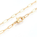 zoomed in sections of golden small paperclip link necklace with lobster claw clasp on white background.