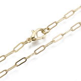zoomed in sections of light golden small paperclip link necklace with lobster claw clasp on white background. 