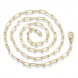 matte finished golden medium paperclip link chain with lobster claw clasp in swirl pattern over white background. 