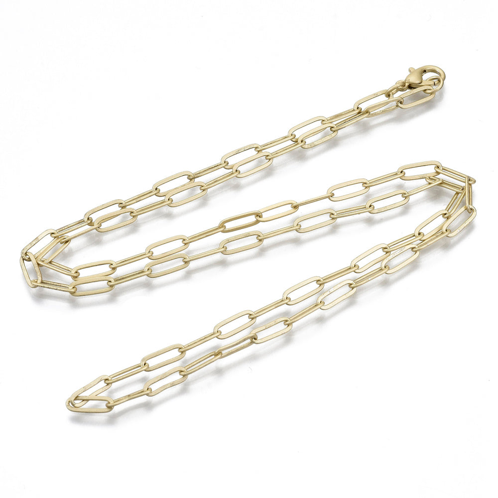 matte finished golden medium paperclip link chain with lobster claw clasp on white background. 