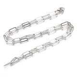 silver tone large paperclip link chain with lobster claw clasp on white background. 