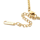 zoomed in section of golden Venetian box chain necklace with lobster claw clasp and extender chain over white background. 