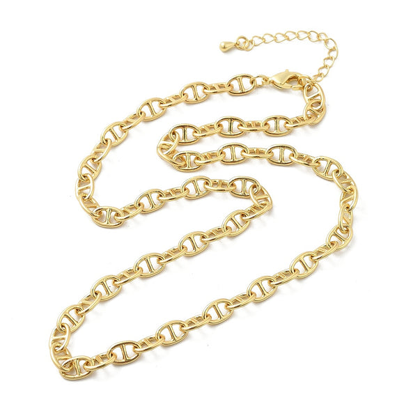 golden oval mariner link chain necklace with lobster claw clasp and extender chain over white background. 