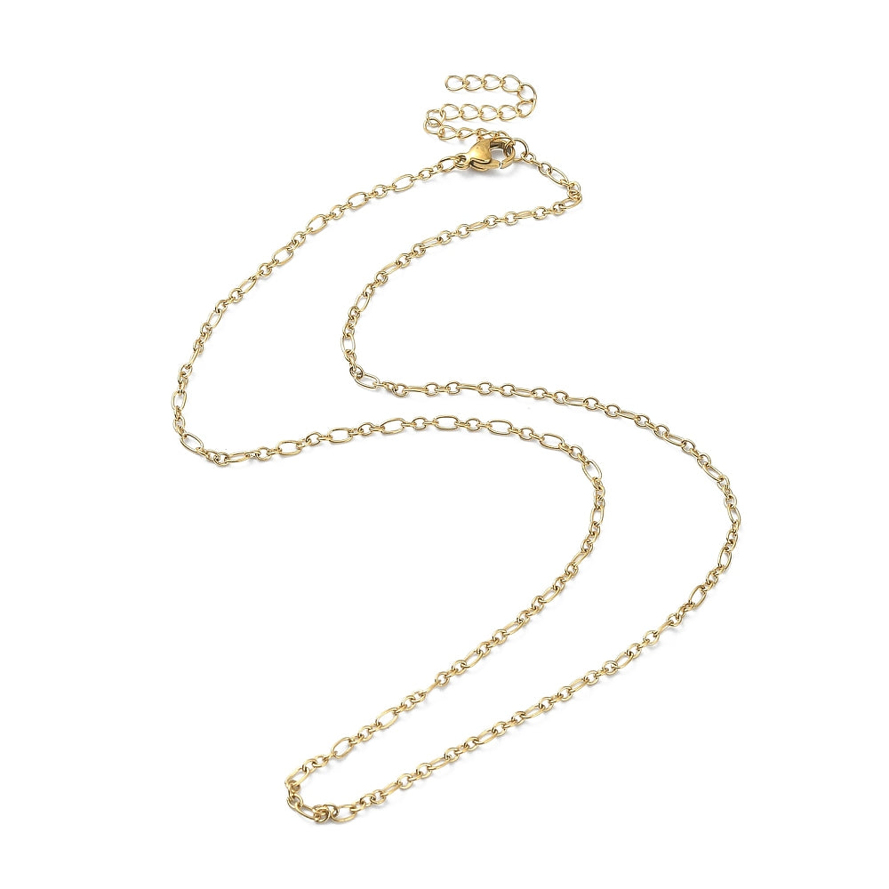 golden Figaro link necklace with lobster claw clasp and extender chain on white background. 
