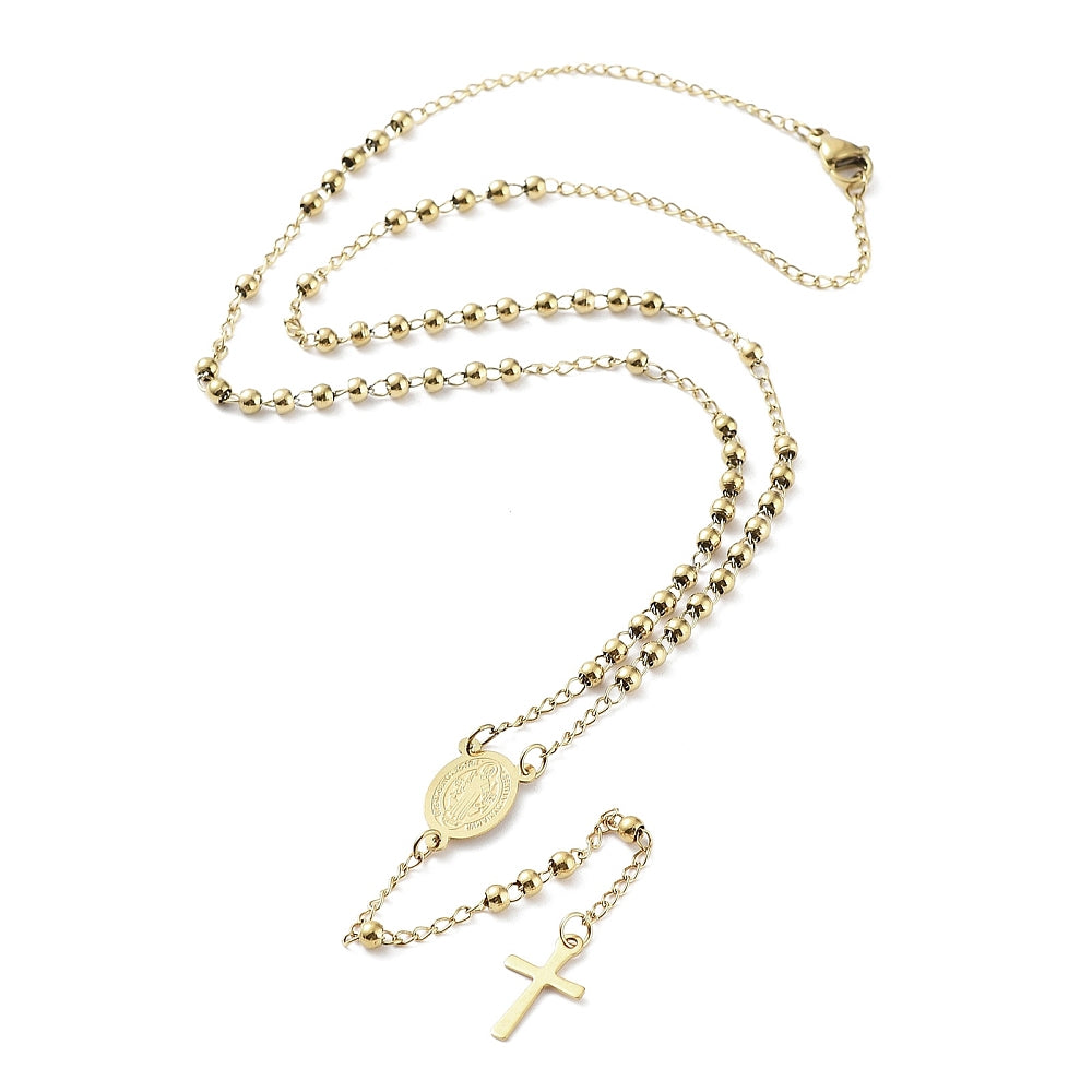 golden rosary necklace with lobster claw clasp over white background. 