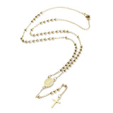 golden rosary necklace with lobster claw clasp over white background. 