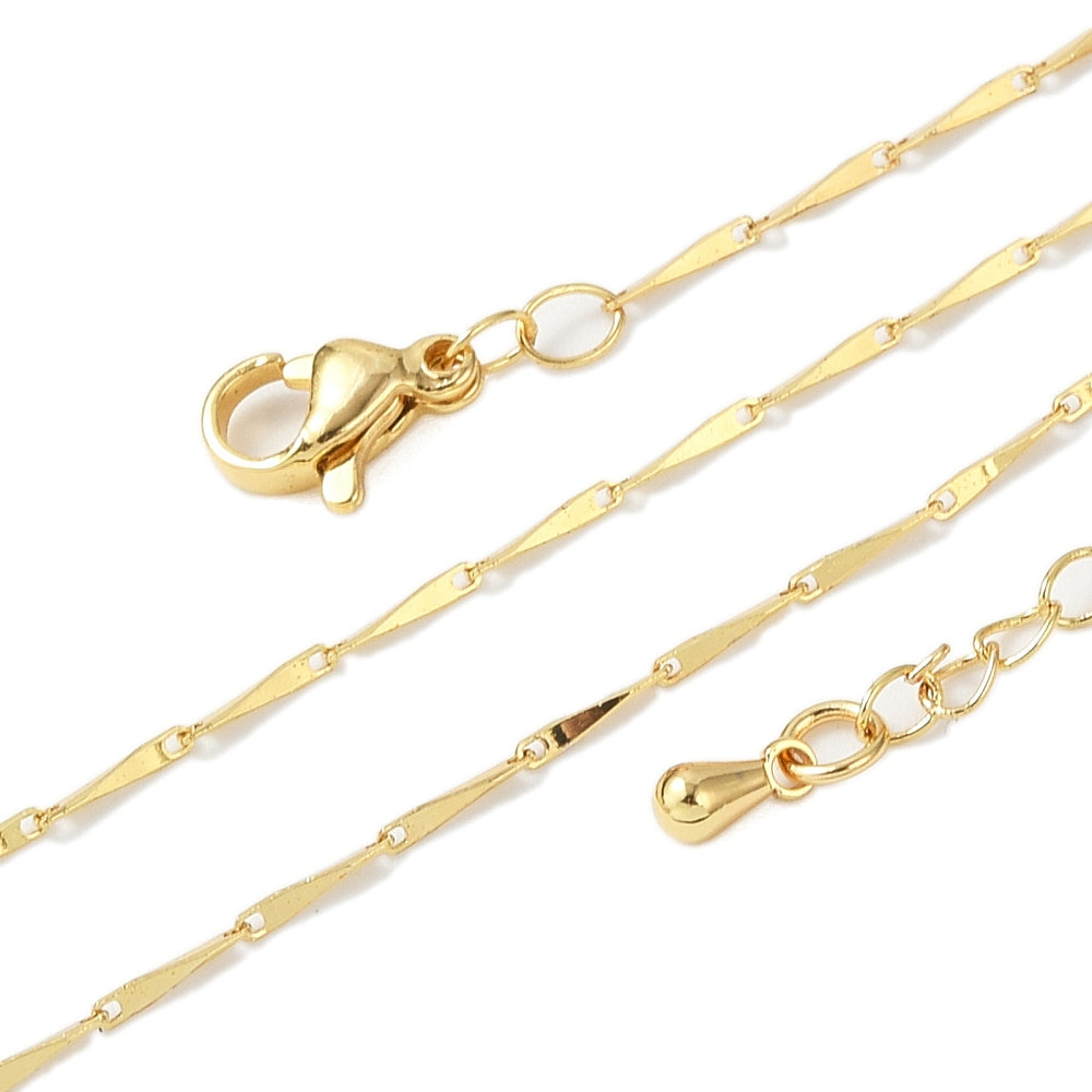 golden twisted bar link necklace with lobster claw clasp and extender chain on white background.
