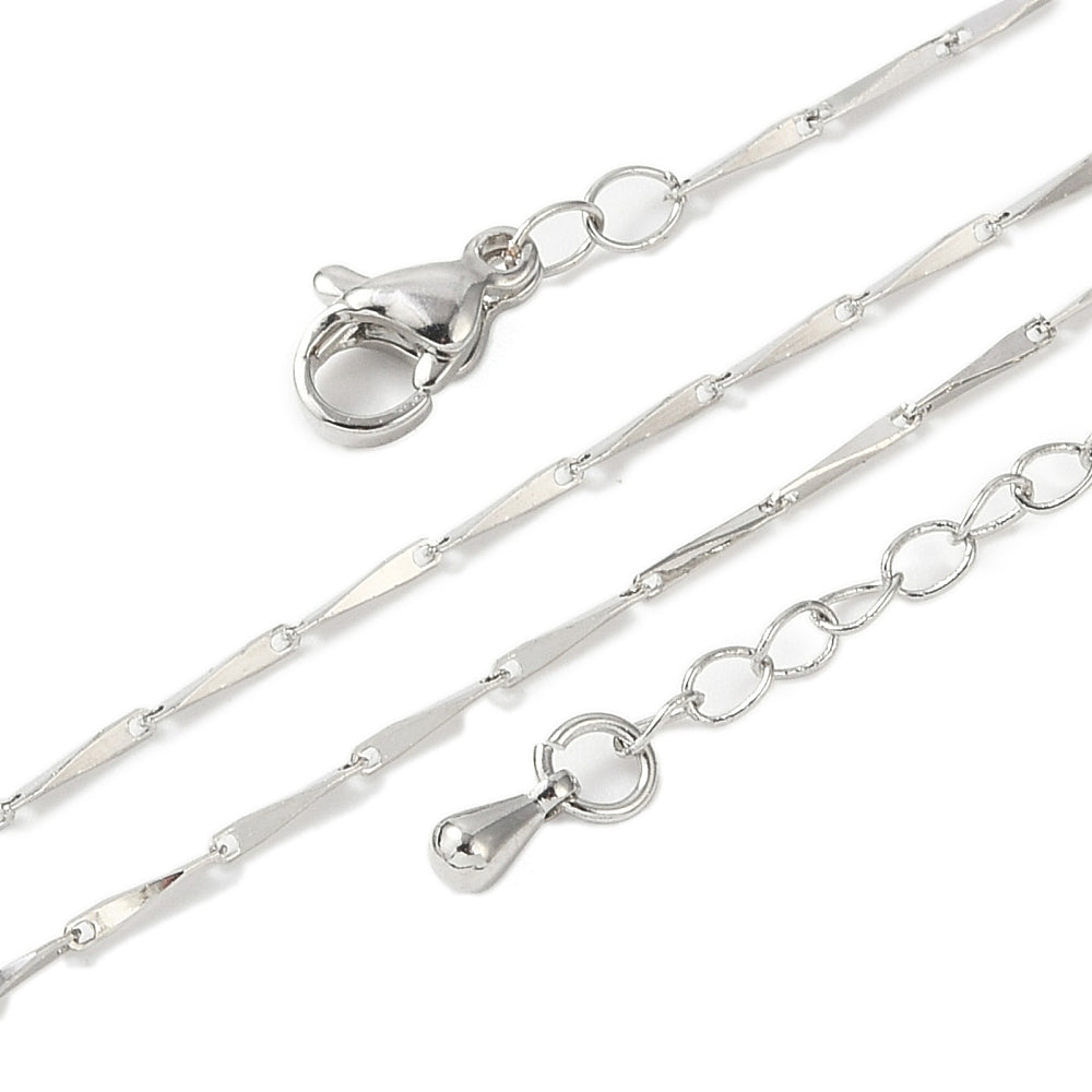 silver tone twisted bar link necklace with lobster claw clasp and extender chain on white background.