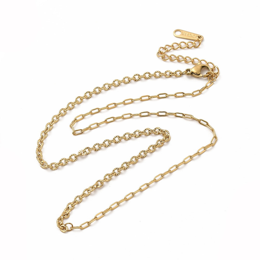 golden half textured cable link and half oval cable link chain with lobster claw clasp and extender chain over white background. 
