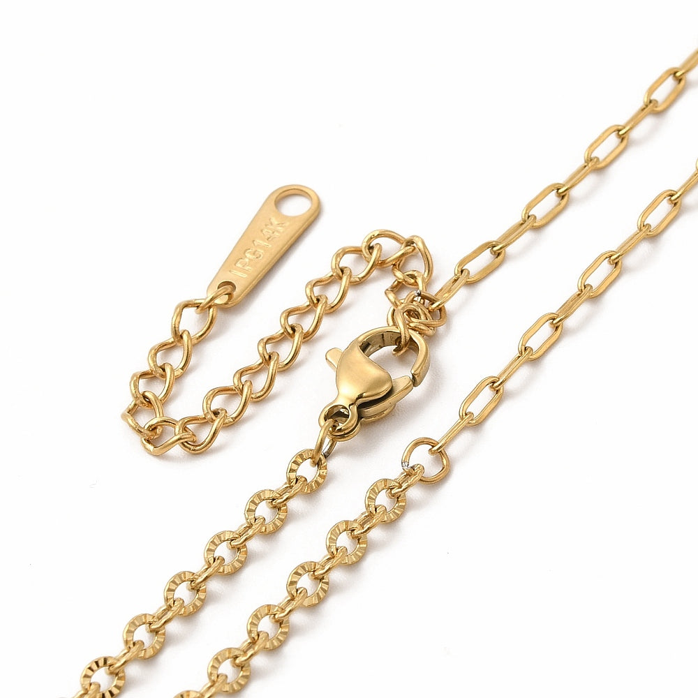 zoomed in sections of golden half textured cable link and half oval cable link chain with lobster claw clasp and extender chain over white background. 