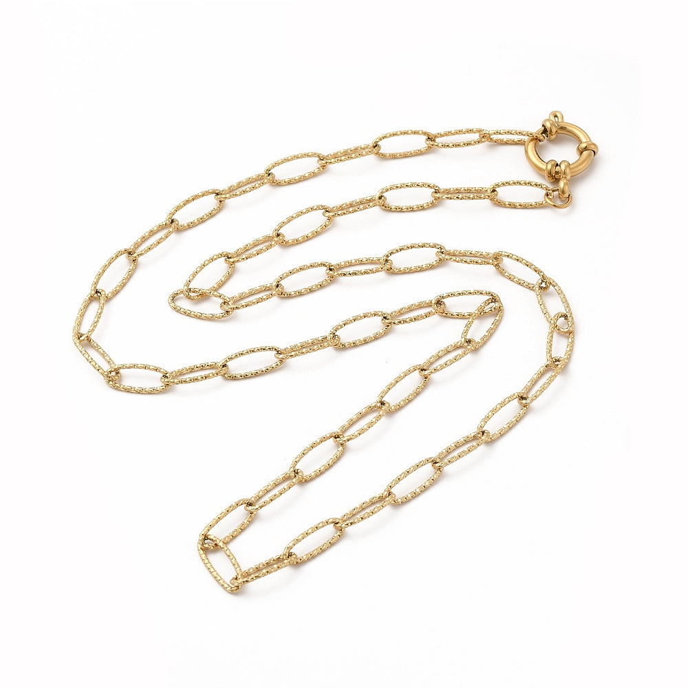 golden textured oval cable link chain necklace with large spring ring clasp on white background. 