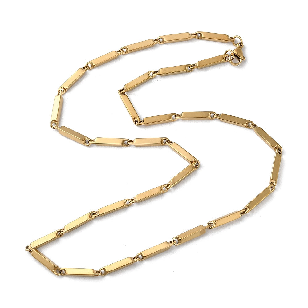 golden bar link chain necklace with lobster claw clasp over white background. 