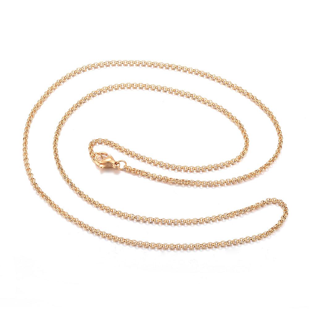 golden Rolo chain necklace with lobster claw clasp over white background. 