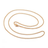 golden Rolo chain necklace with lobster claw clasp over white background. 