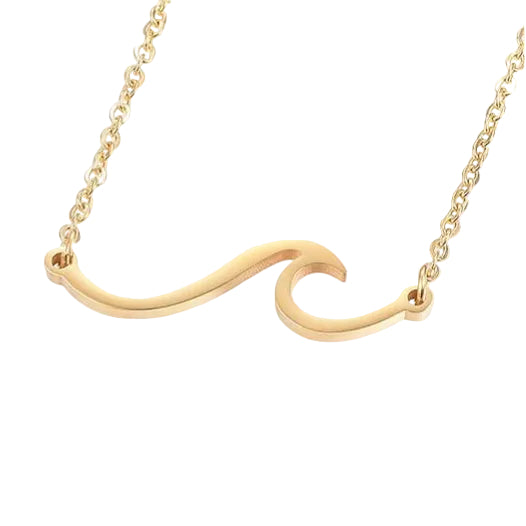 golden wave pendant necklace on cable chain over white surface. 