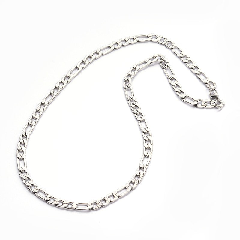 silver tone textured Figaro chain with lobster claw on white background. 