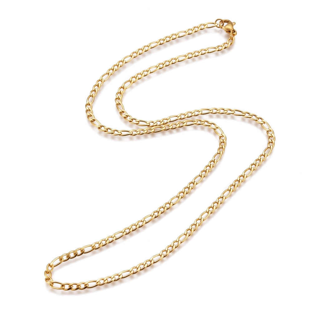 golden Figaro chain with lobster claw clasp over white background. 